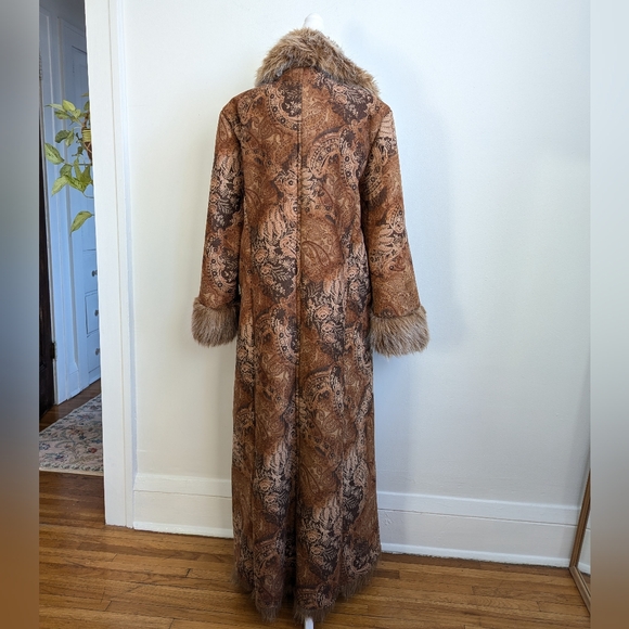 90s Does 70s VTG Penny Lane Trench Coat Afghan Paisley Print Faux Fur Trim 18 - Picture 5 of 16